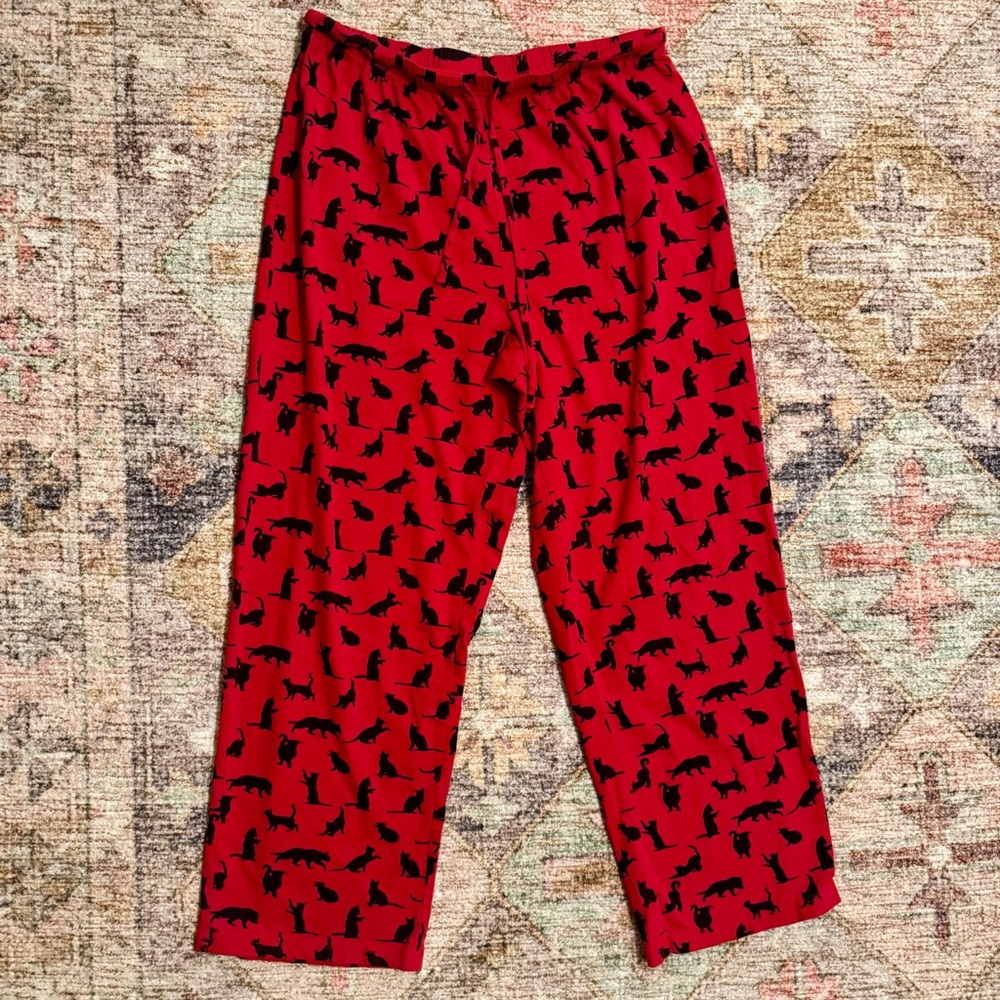 Potpourri Red Pajama Pants with Black Cat Print